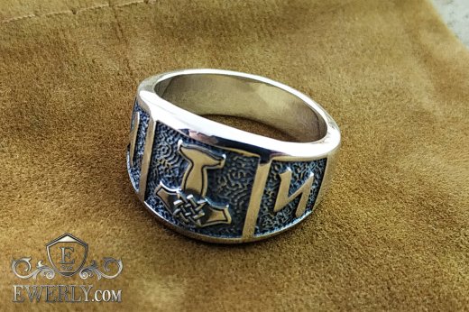 Slavic signet ring of silver with a square "Svarog" on Thor's hammer